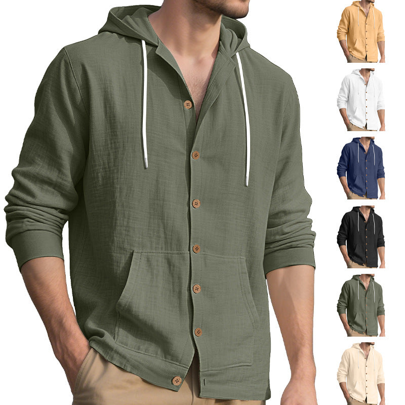 Men's lightweight hooded overshirt in crinkle look with wooden button placket and kangaroo pocket Mune Fashion