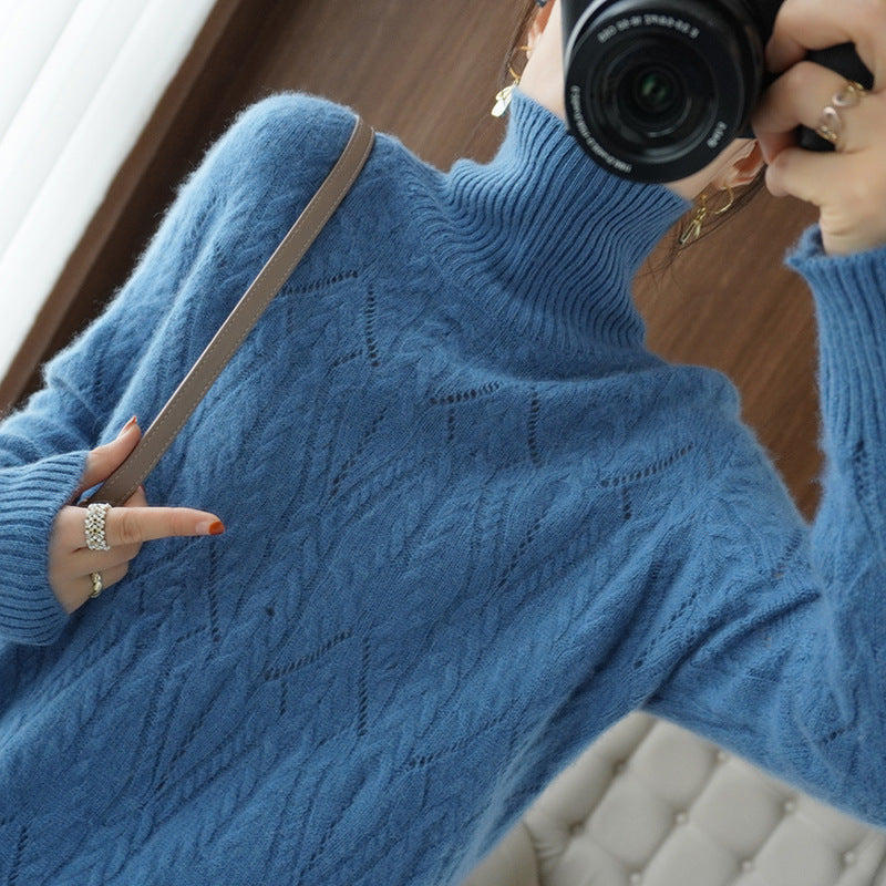 Women's Soft Mohair-Look Oversized Roll Neck Sweater with Lace Cable Structure Mune Fashion