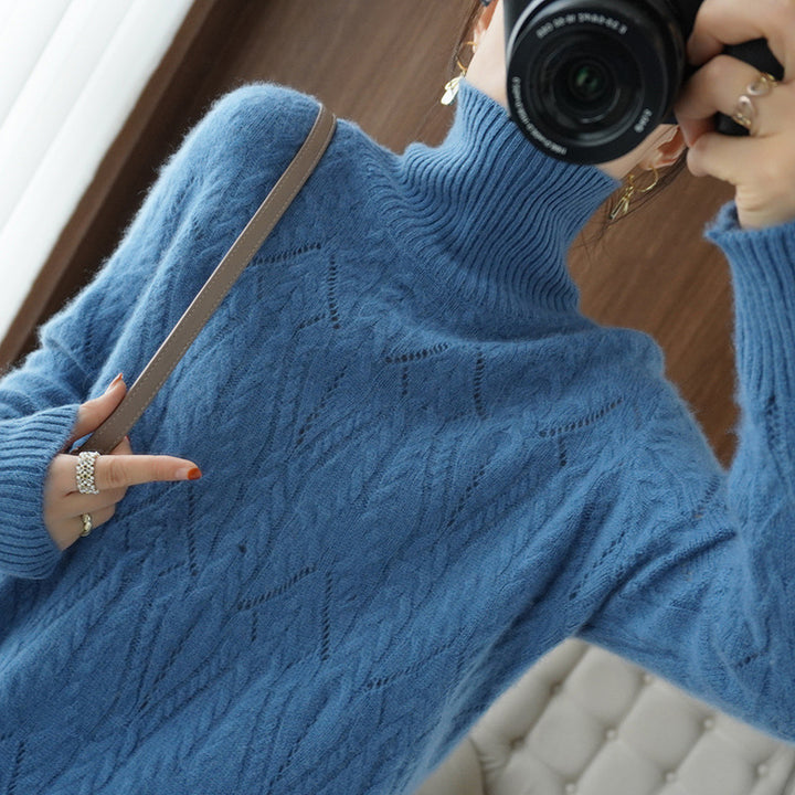Women's Soft Mohair-Look Oversized Roll Neck Sweater with Lace Cable Structure Mune Fashion