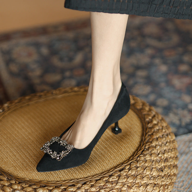 Ladies pointed toe satin pumps with square rhinestone ornament and sculptural kitten heel Mune Fashion