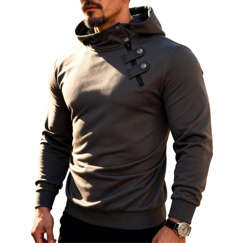 Men's fitted hoodie with high collar, decorative tabs and concealed diagonal zipper Mune Fashion
