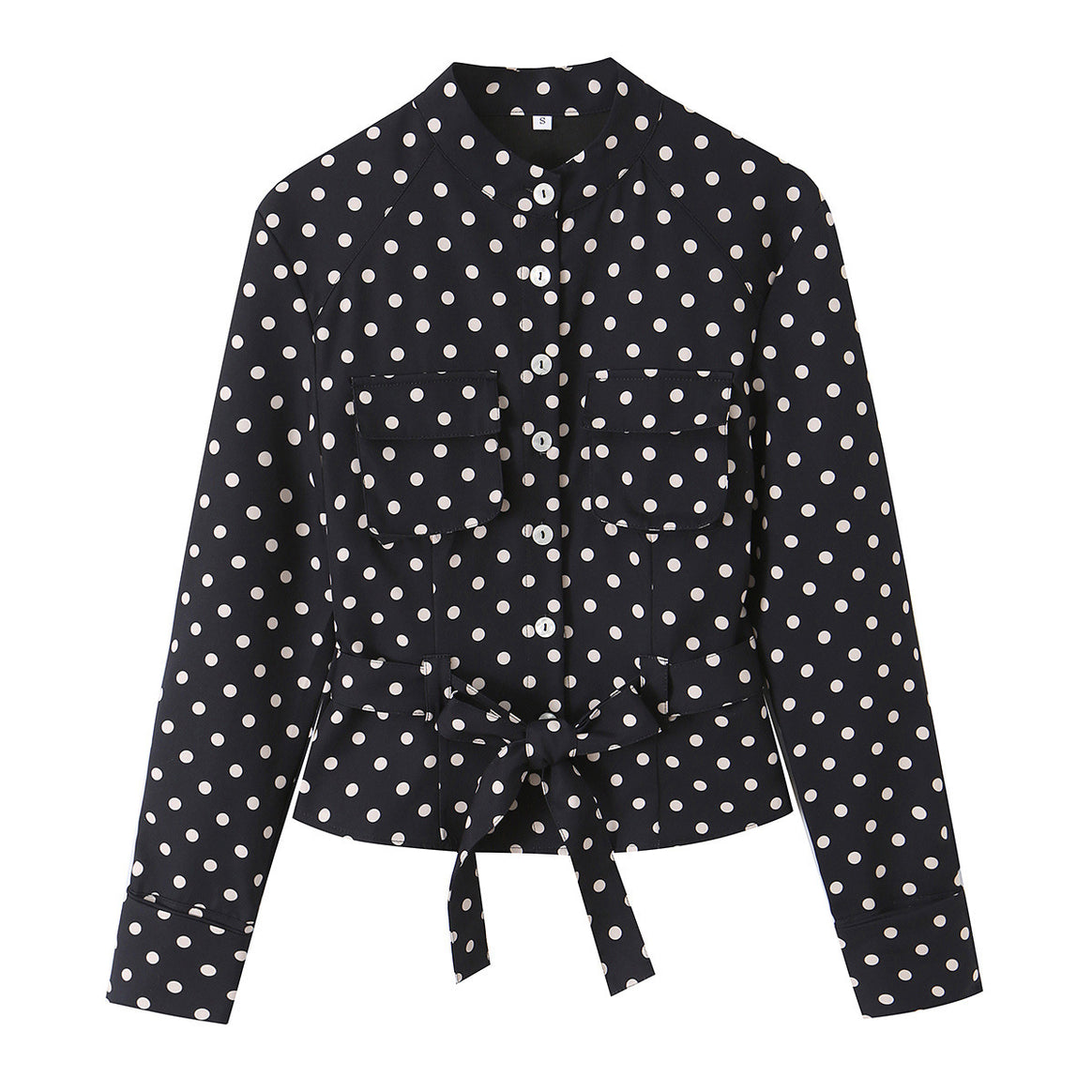 Women's blouse with stand-up collar, waist belt, and chest pockets Mune Fashion