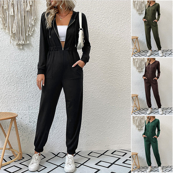 Women's Hooded Jumpsuit with Zipper, Elastic Waist Fit & Jogger Cuffs Mune Fashion
