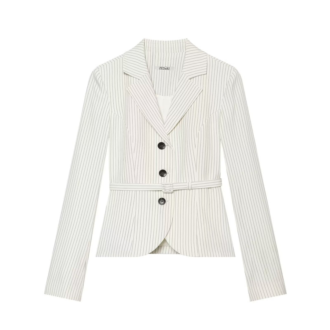 Women Tailored Pinstripe Blazer with Belt and Three-Button Closure Mune Fashion
