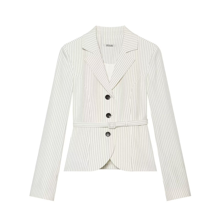 Women Tailored Pinstripe Blazer with Belt and Three-Button Closure Mune Fashion