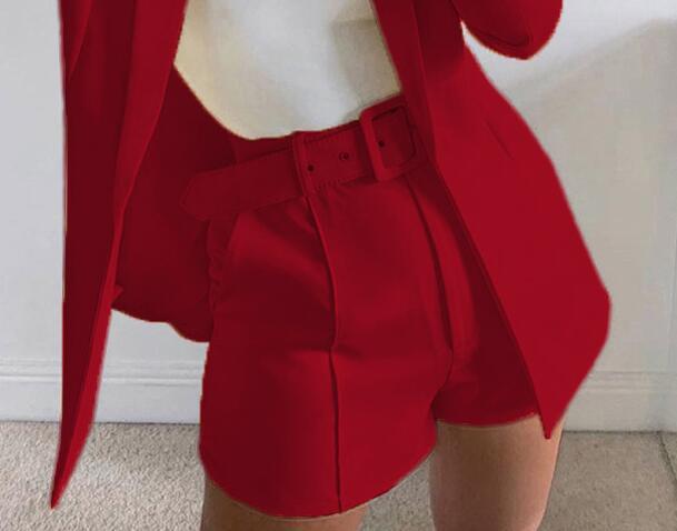 Women's Two-Piece Tailored Blazer Set with High-Waisted Shorts and Belt Mune Fashion