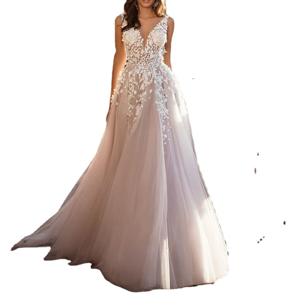 Festive Women's Wedding Dress with Floral Appliqués and Shimmering Tulle for Weddings | Mune Fashion