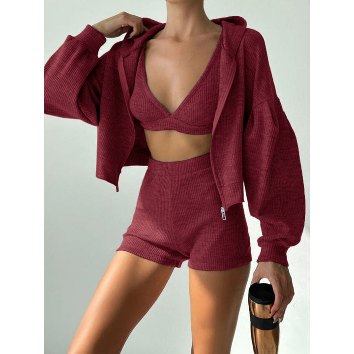 Women's short ribbed lounge set with hooded zip jacket and high-waist shorts Mune Fashion