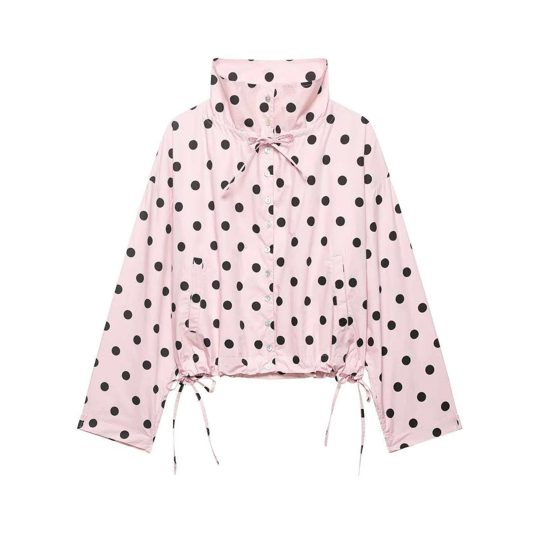 Women's dotted rain jacket with high stand-up collar, adjustable hem, and patch pockets Mune Fashion