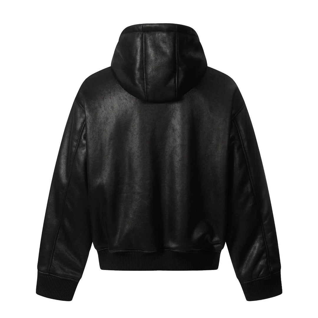 Men's hooded leather jacket with teddy lining and ribbed cuffs Mune Fashion