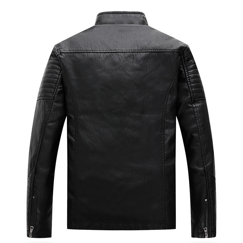 Men's Slim Faux Leather Biker Jacket with Stand Collar, Decorative Stitching and Zipper Pockets Mune Fashion