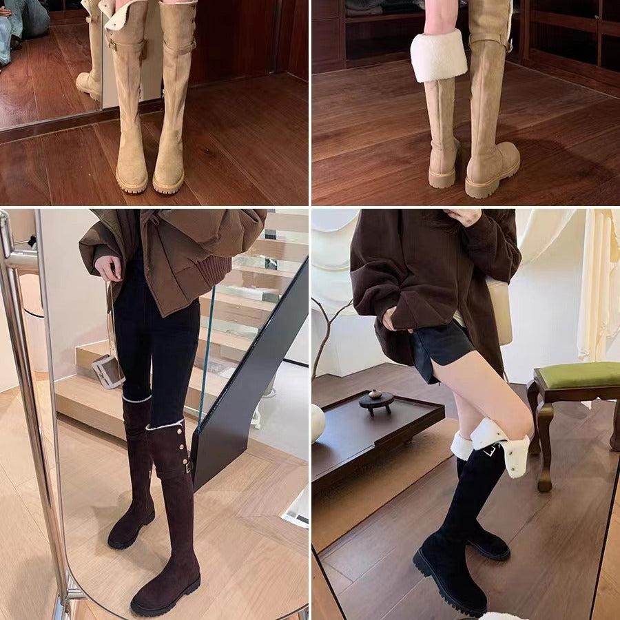 Women Knee-High Velour Winter Boots with Foldable Shaft Edge Lining and Profiled Lug Sole Mune Fashion