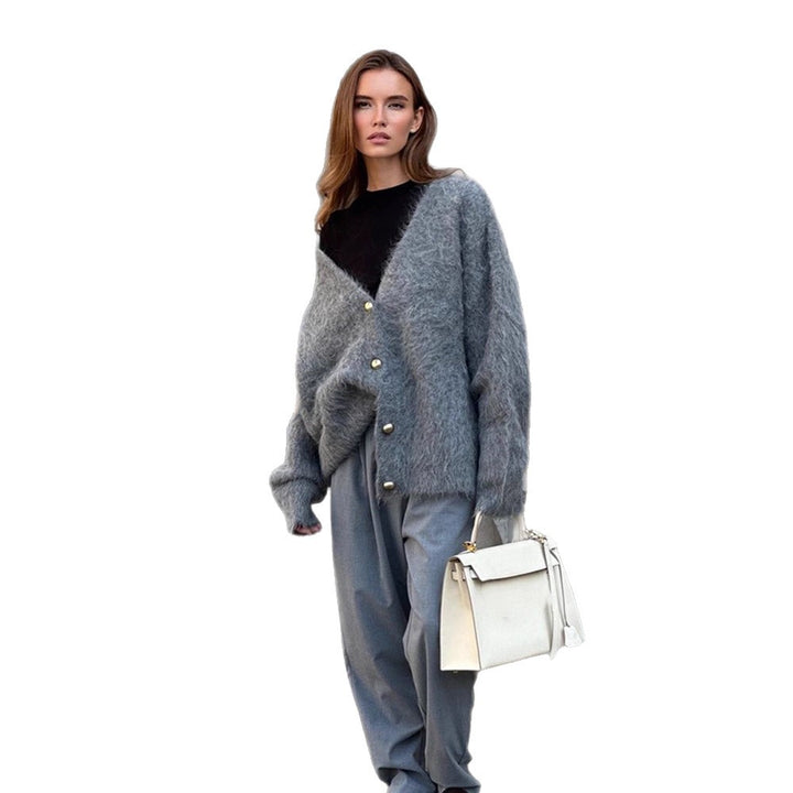 Women Fluffy Mohair-Optic Oversized Cardigan with V-Neck and Gold Decorative Buttons Mune Fashion