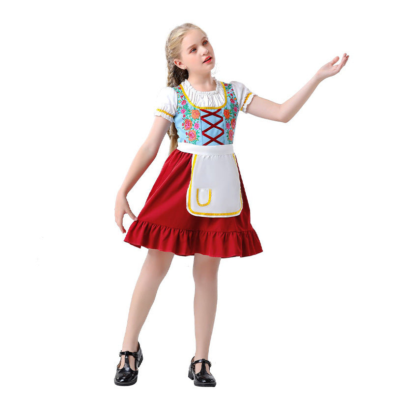 Women's nostalgic traditional costume dress with laced bodice, ruffled collar and removable apron Mune Fashion