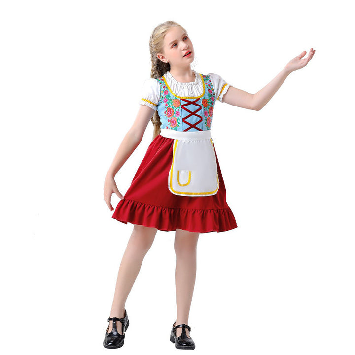 Women's nostalgic traditional costume dress with laced bodice, ruffled collar and removable apron Mune Fashion