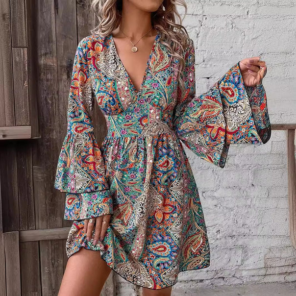 Women nan Boho mini dress with deep V-neck, trumpet sleeves and ruched waist Mune Fashion