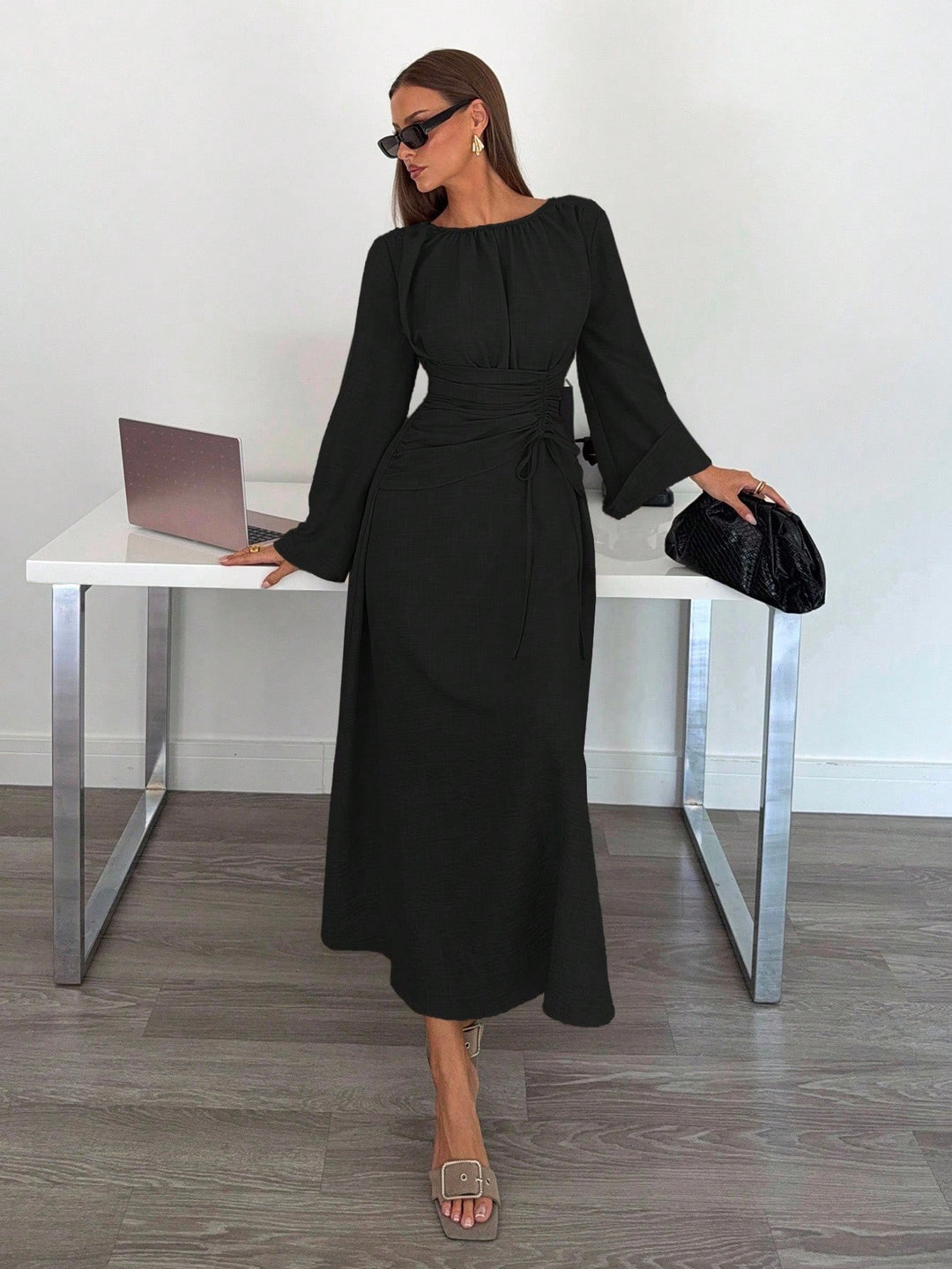 Ladies Max Dress with gathered waist lacing and bell sleeves Mune Fashion