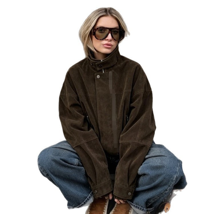 Women's Boxy Suede Bomber Jacket with High Stand Collar and Elastic Hem Mune Fashion