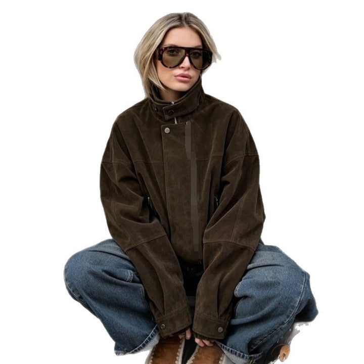 Women's Boxy Suede Bomber Jacket with High Stand Collar and Elastic Hem Mune Fashion