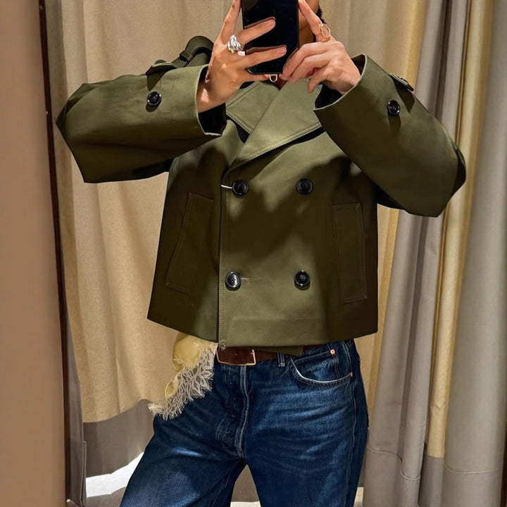 Women's Cropped Double-Breasted Trench Coat with Boxy Silhouette and Patch Pockets Mune Fashion