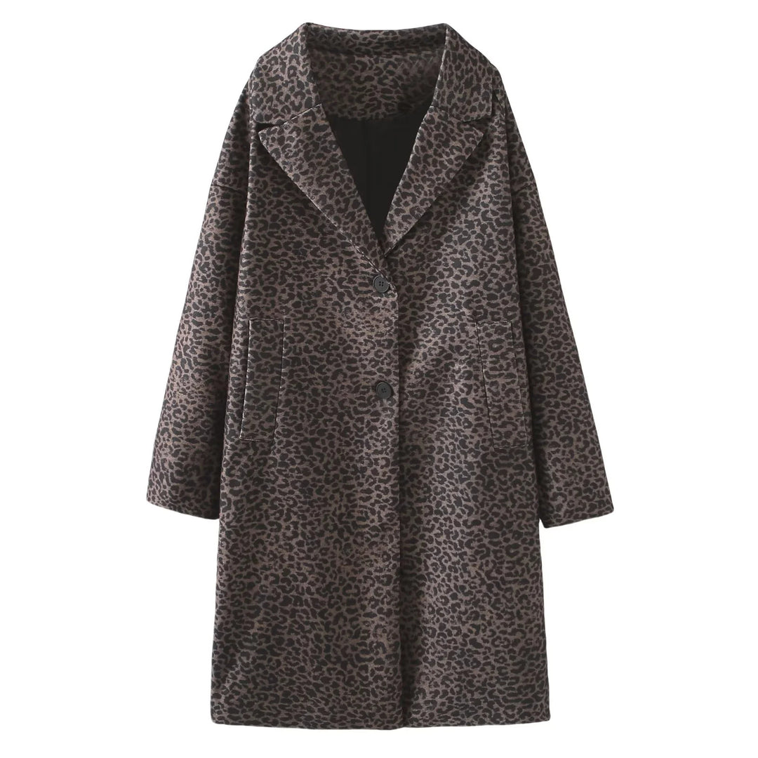 Women's oversized coat with leopard print, notched collar, double-button closure and patch pockets Mune Fashion