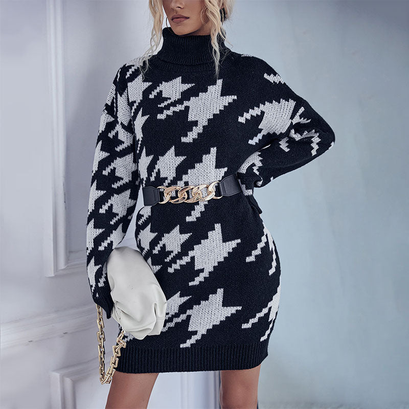 Ladies' knit mini dress with houndstooth jacquard, roll neck and waist-accentuating belt look Mune Fashion