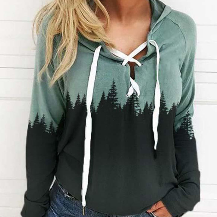 Women's hoodie with forest print, lace detail and raglan sleeves Mune Fashion