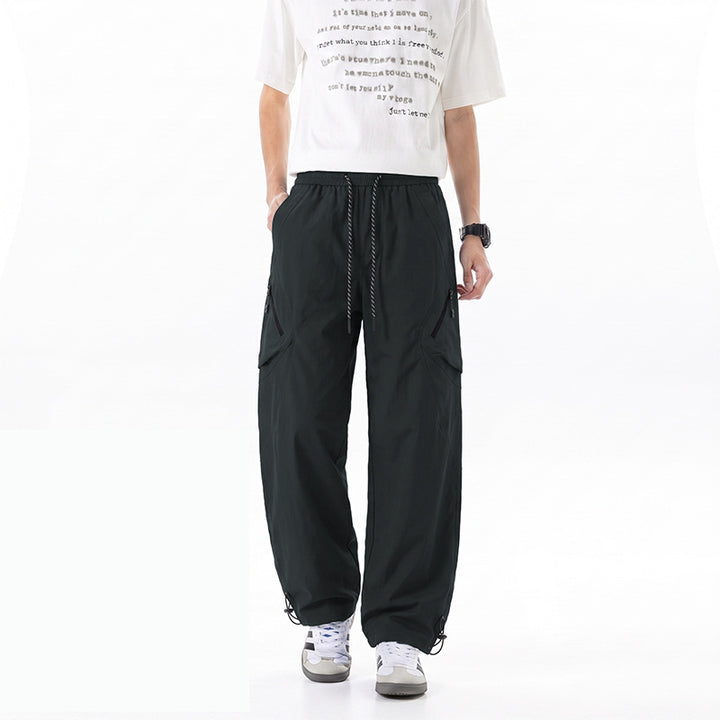 Men's Wide Technical Utility Cargo Pants with Drawstring Waist and Multifunctional Pockets Drune