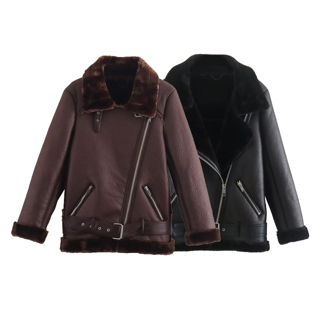 Women's tailored biker jacket in aviator look with faux fur lining, asymmetric zipper and waist belt Mune Fashion