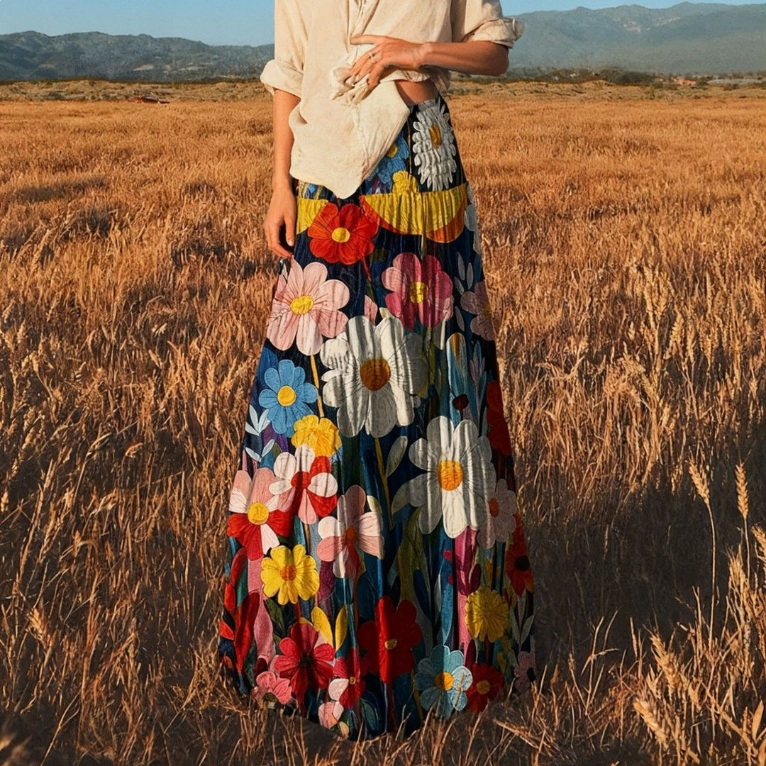 Women's maxi skirt with large floral embroidery, pleated ruffle and wide A-line cut Mune Fashion