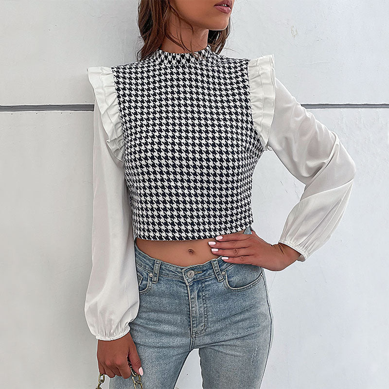 Women's Short Houndstooth Top with Stand Collar, Puff Sleeves and Gathered Shoulder Ruffles Mune Fashion