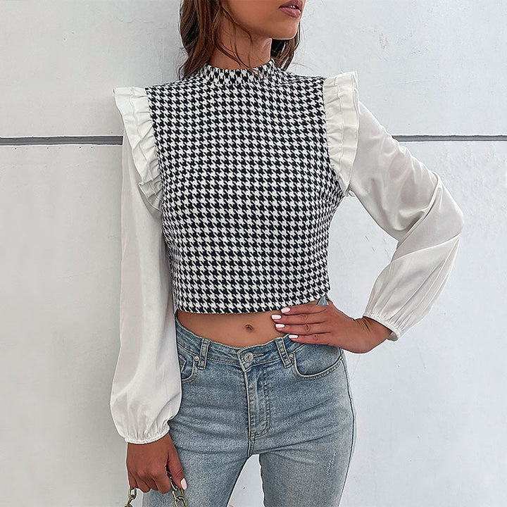 Women's Short Houndstooth Top with Stand Collar, Puff Sleeves and Gathered Shoulder Ruffles Mune Fashion