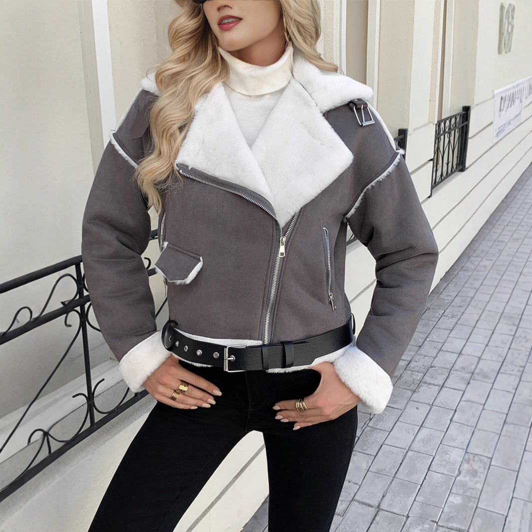Women's Fashion Faux Leather Jacket with Luxurious Faux Fur Trim
