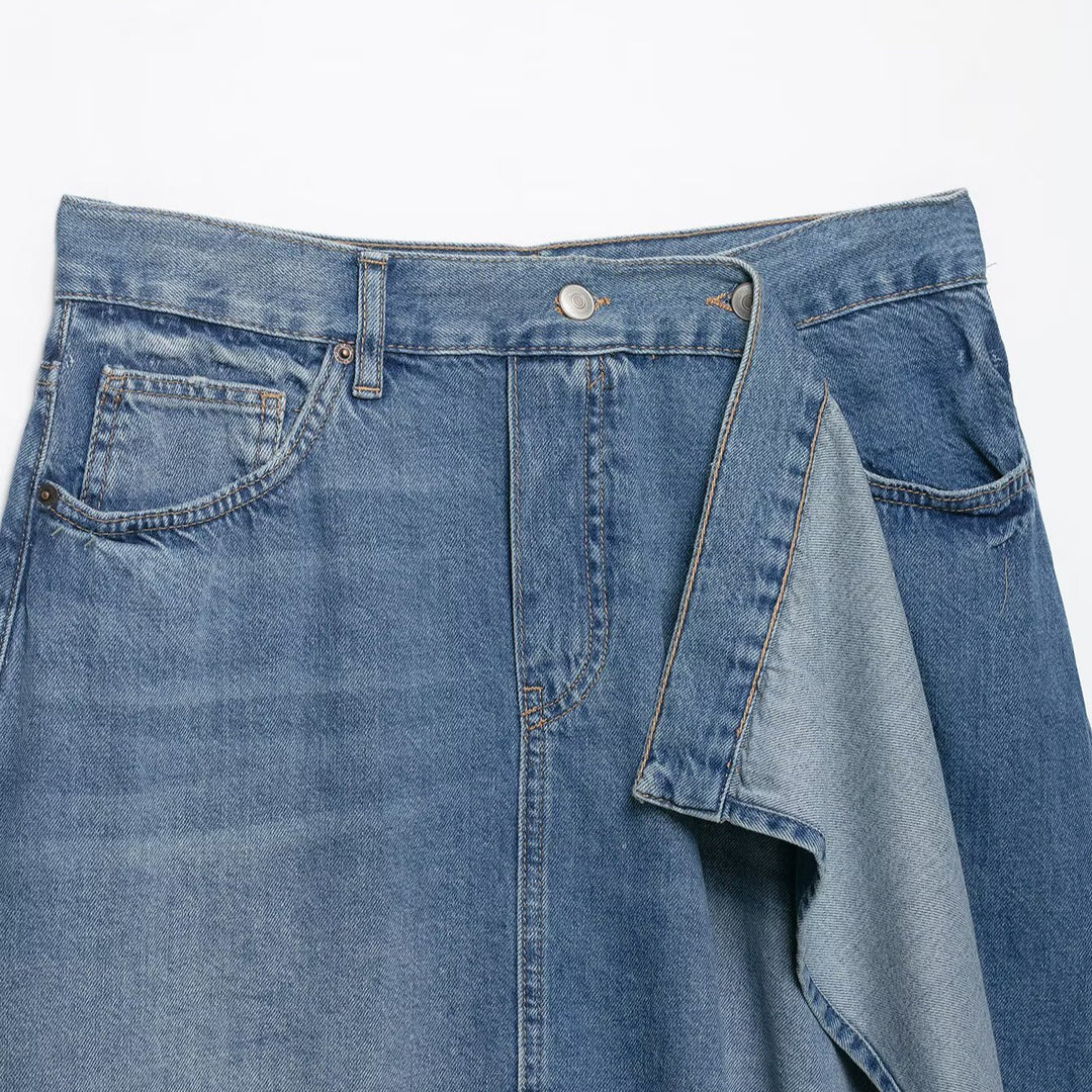 Women's Asymmetrical Denim Skirt with A-Line, Five-Pocket Details and Overlapping Ruffle Mune Fashion