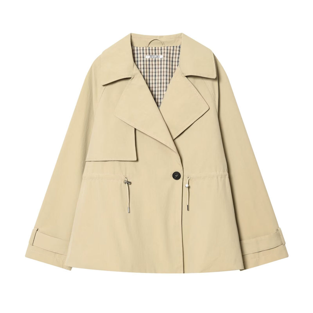 Women's Short Oversized Trench Coat with Drawstring Waist and Wide Lapels Mune Fashion