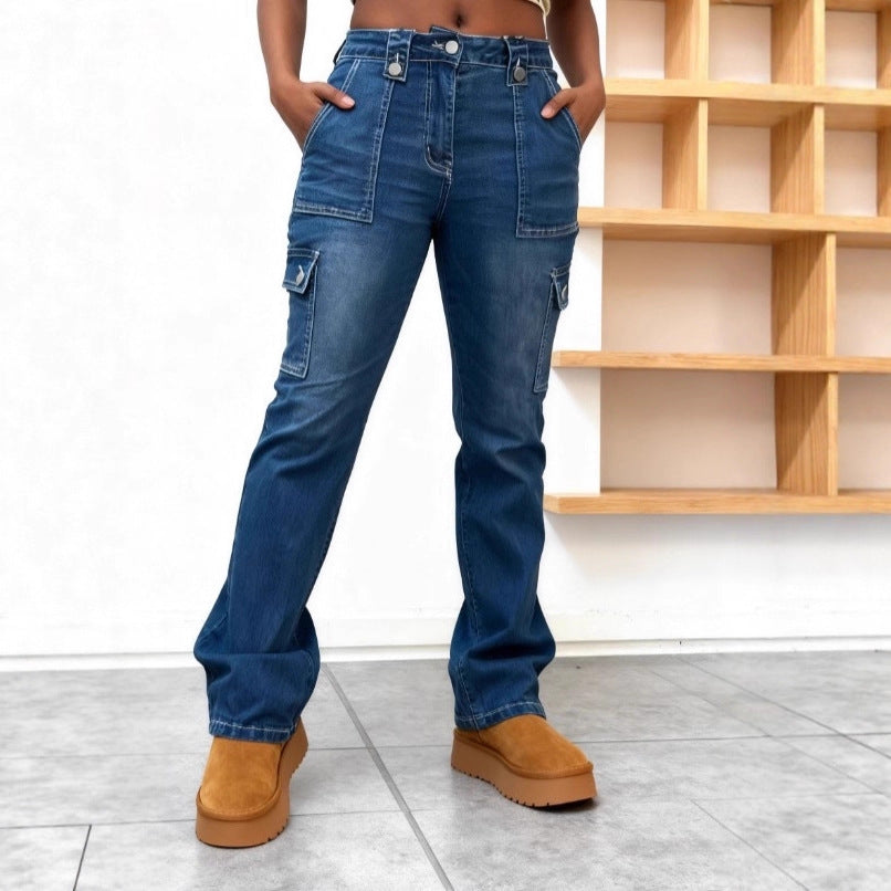 Women High-Waisted Cargo Denim Jeans with Straight Legs and Patch Flap Pockets Mune Fashion