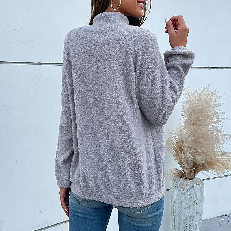 Women's Cozy Teddy Fleece Pullover with Stand-Up Collar and Snap Button Placket Mune Fashion