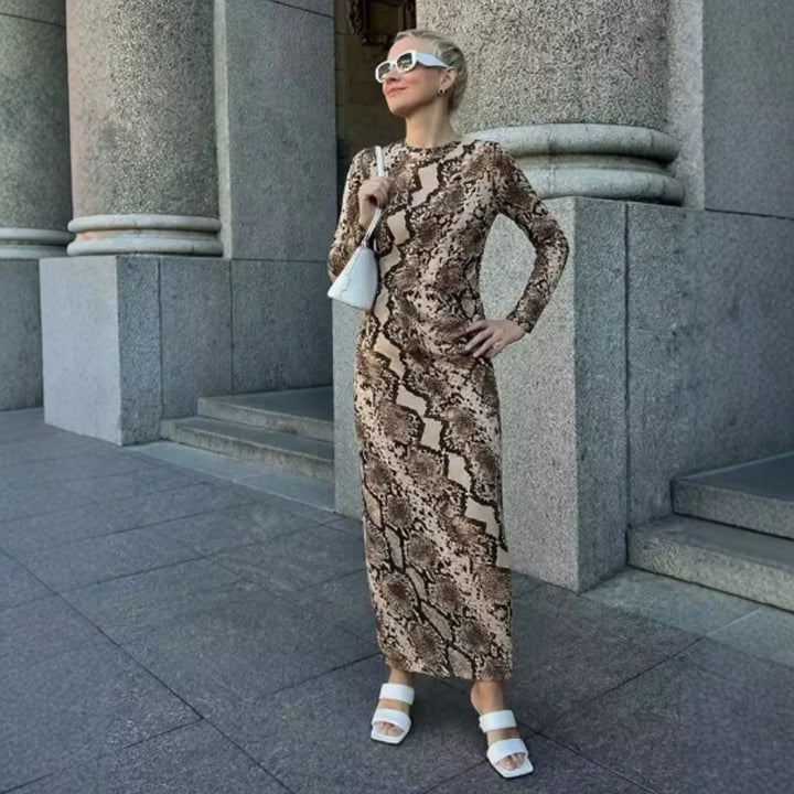 Women's Figure-Hugging Midi Dress with Snake Print, Tailored Draping and Long Sleeve Cut Mune Fashion
