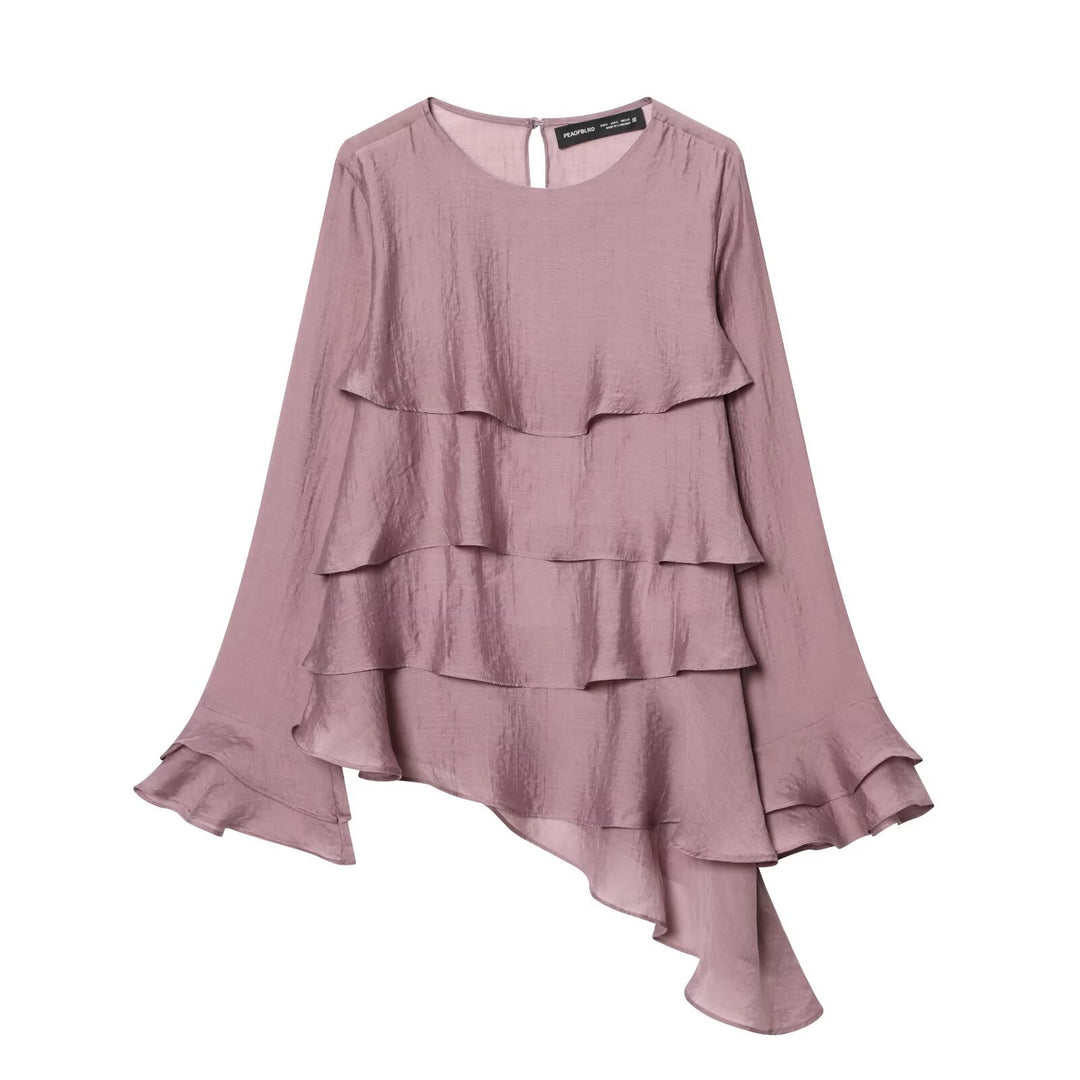 Women 50+ layered ruffle blouse with asymmetrical hem and bell sleeves Mune Fashion