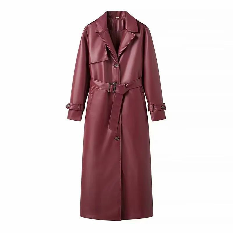 Women's longer tailored faux leather coat with shawl collar and tie belt Mune Fashion