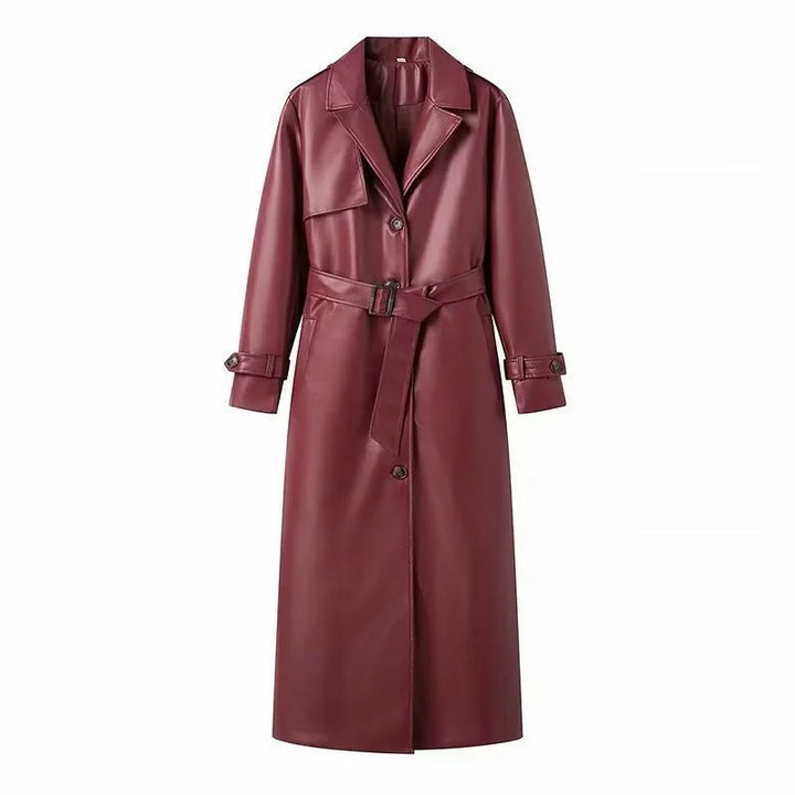 Women's longer tailored faux leather coat with shawl collar and tie belt Mune Fashion