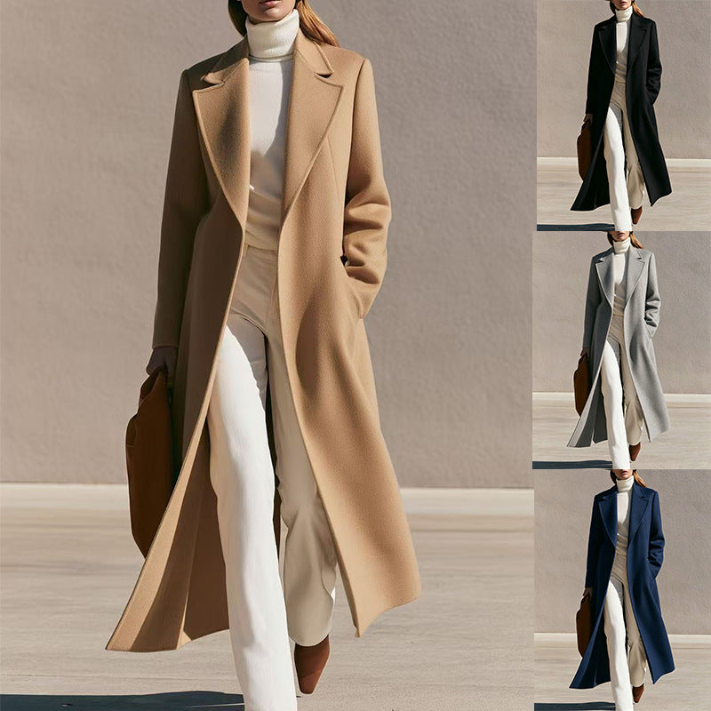 Women Longline Wool Coat with Wide Lapels and Tailored Fit Mune Fashion