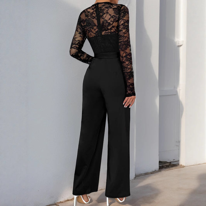 Women's Elegant Jumpsuit with Transparent Lace Top, Waist-Defining Tie Belt & Wide Palazzo Leg