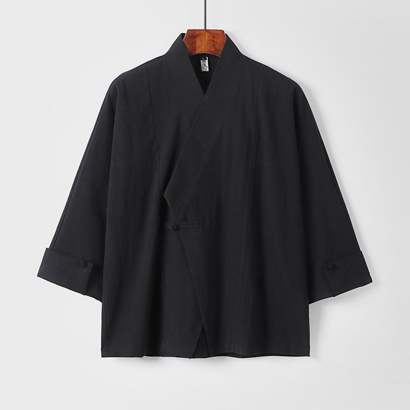 Men's Linen Kimono Jacket with Traditional Knot Closure and Medium-Length Sleeves Mune Fashion