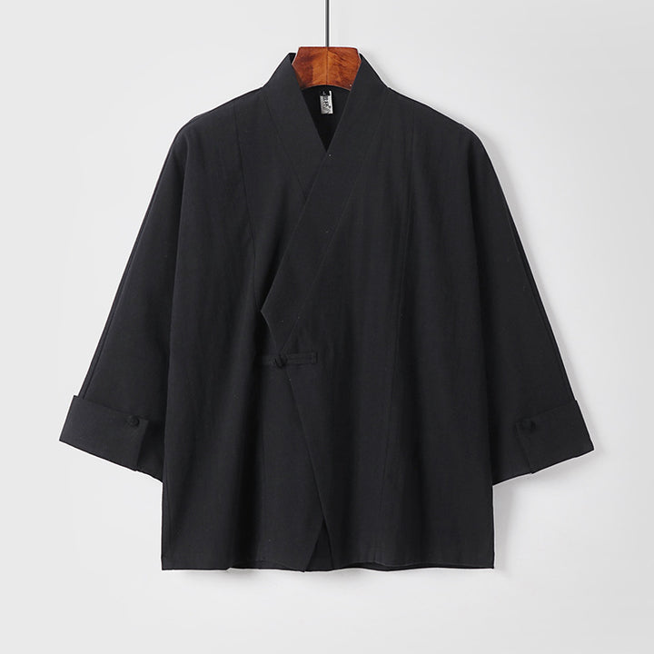 Men's Linen Kimono Jacket with Traditional Knot Closure and Medium-Length Sleeves Mune Fashion