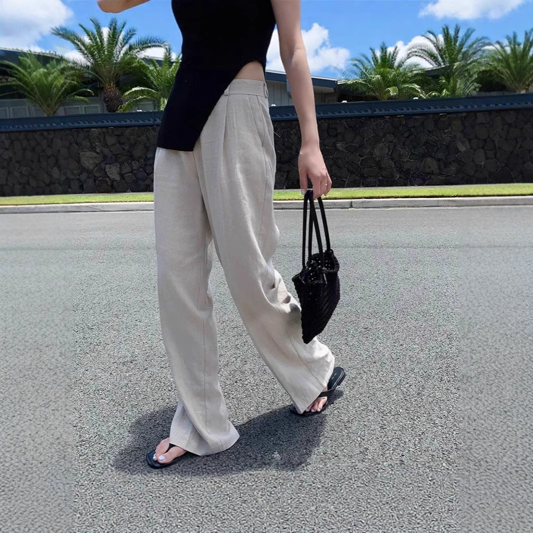 Women Wide Linen Blend Pants with High Waist, Crease and Side Pockets Mune Fashion