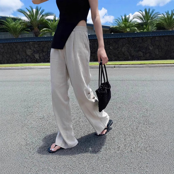 Women Wide Linen Blend Pants with High Waist, Crease and Side Pockets Mune Fashion
