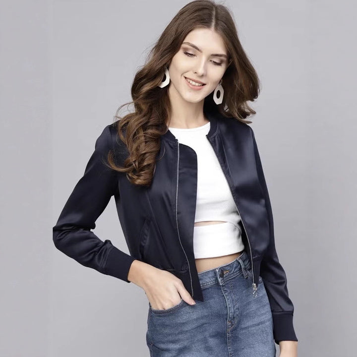 Women's Short Satin Bomber Jacket with Zipper, Ribbed Cuffs and Pockets Drune