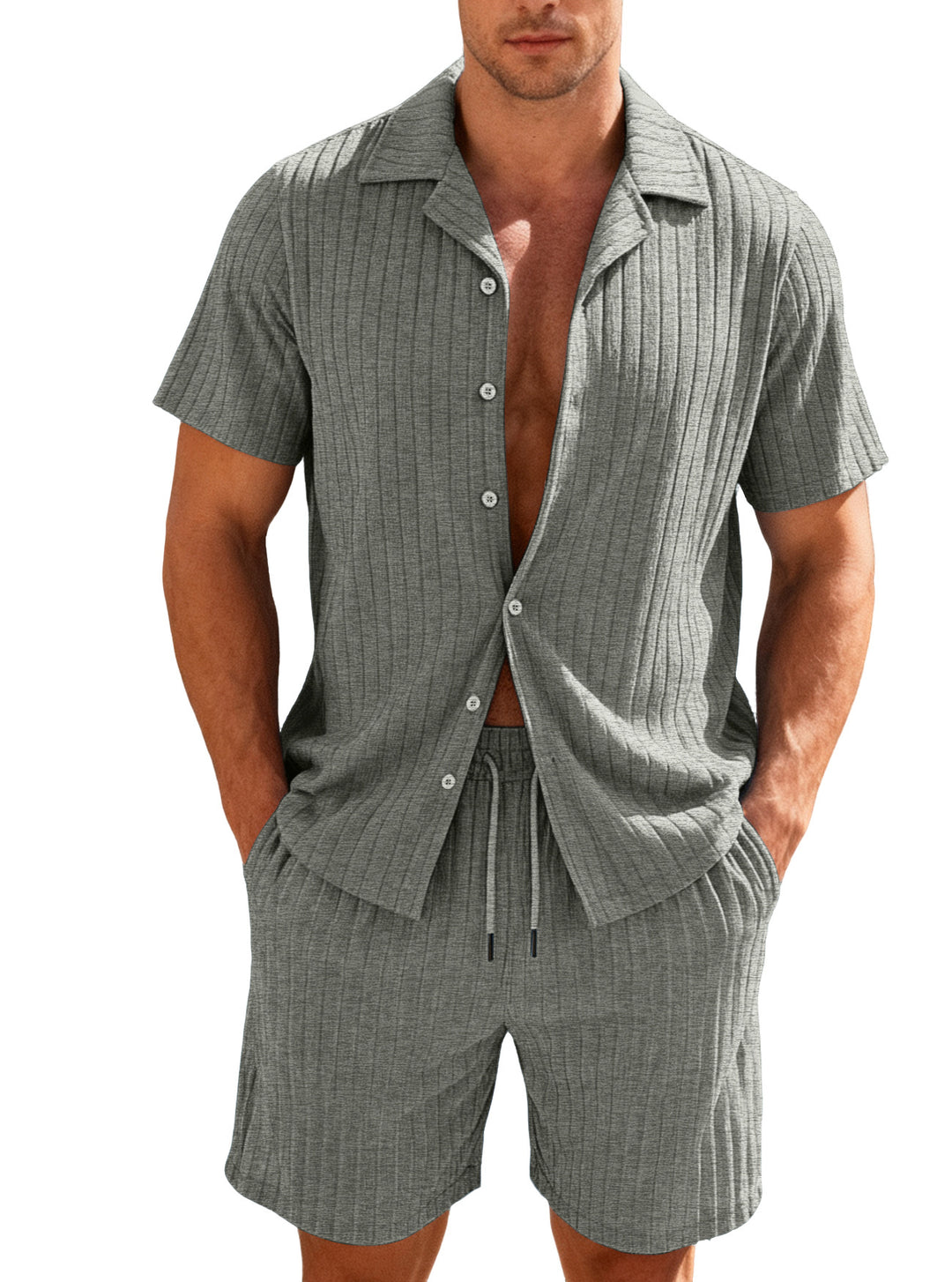 Men's ribbed fine knit lounge set with short sleeve lapel shirt and drawstring shorts Mune Fashion