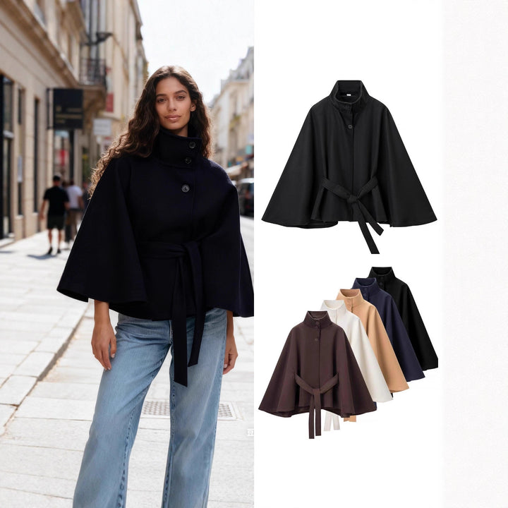 Women's Short Cape Coat with Stand-Up Collar, Concealed Button Placket and Tie Belt Mune Fashion